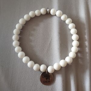 White Beaded Bracelet with Charm For Plus Size Wrists 7.5 Inches